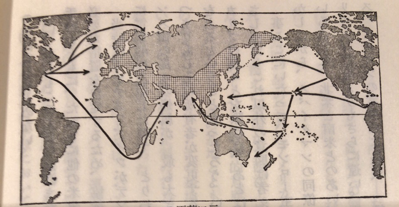 図(A): スパイクマンの原著に示された西半球による東半球包囲網の概念図　曽村保信著 地政学入門 168頁
